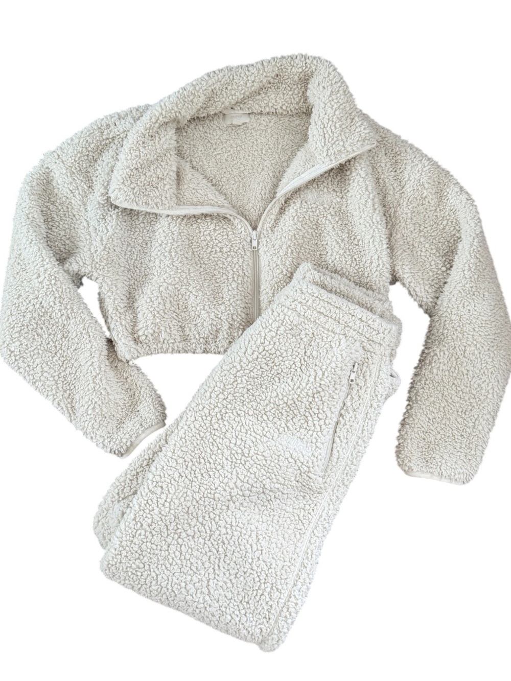 SKIMS Teddy Cream Fleece Zip Crop Sweater & Jogger Set
